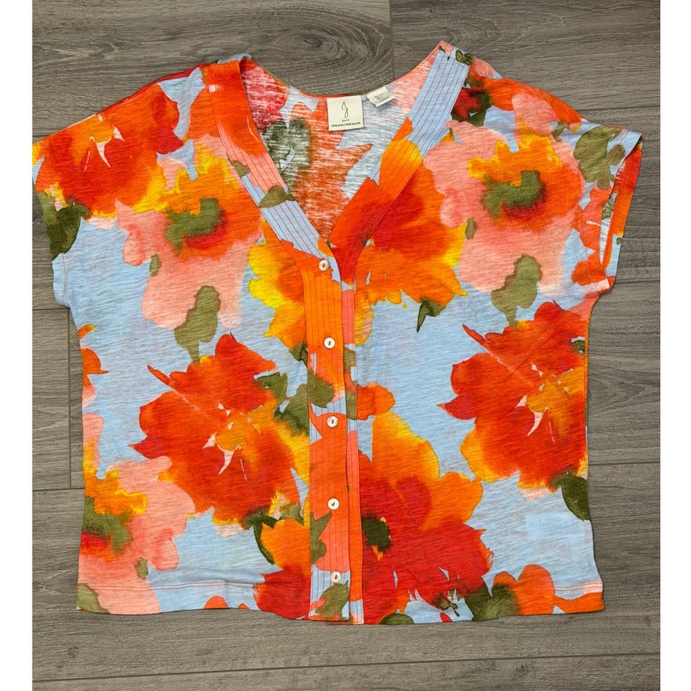 JJoie Linen‎ Blend Floral Top Large Resort Tropical Coconut Girl Resort Chic